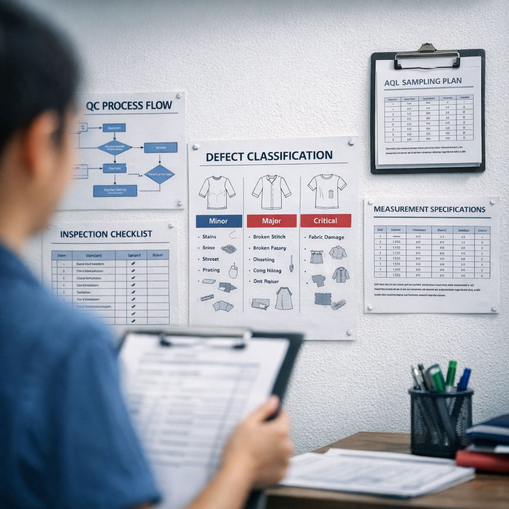 QC professional reviewing inspection documents on wall, presenting structured, standards-based quality control core principles including prevention over correction and traceability