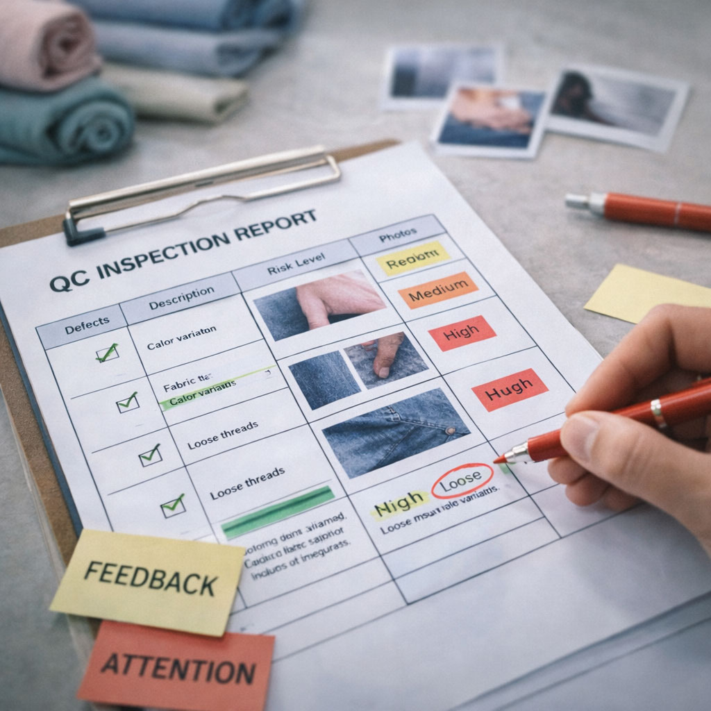 Inspector marking defect levels on quality report, explaining clear roles and accountability in QC: buyer acceptance, factory manufacturing, MINYOO TEXTILE coordination support
