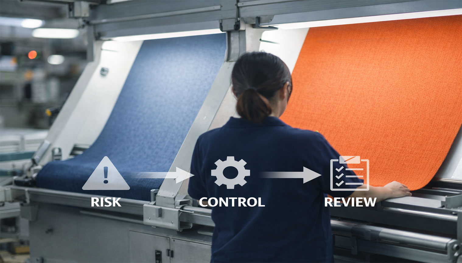 Factory worker inspecting orange and blue fabrics on production line, illustrating MINYOO TEXTILE's process-driven fabric quality control system spanning sourcing, development, and production stages