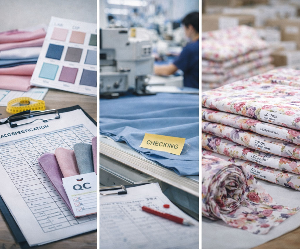 Triptych of textile quality control scenes: left, QC checklist with fabric swatches; middle, production line fabric inspection labeled 'CHECKING'; right, stacked floral fabric rolls
