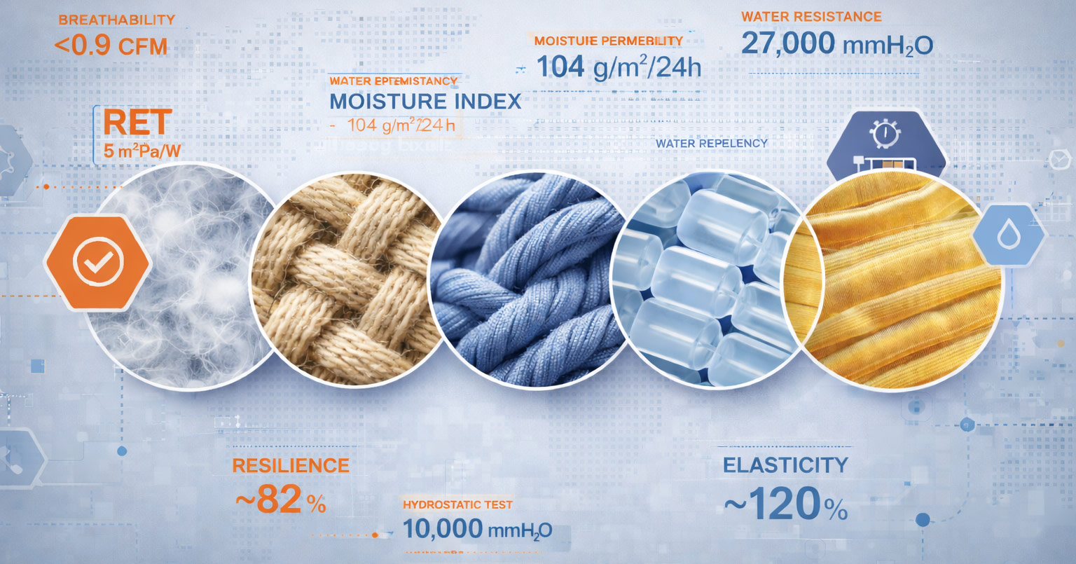Fabric material performance metrics: textile fiber, yarn, and polymer structure for technical apparel development