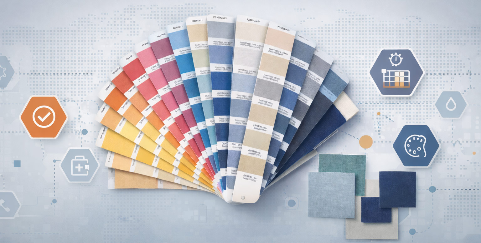 MINYOO TEXTILE sampling and lab dip service overview, featuring color swatch fan and fabric samples, bridging material development and production readiness