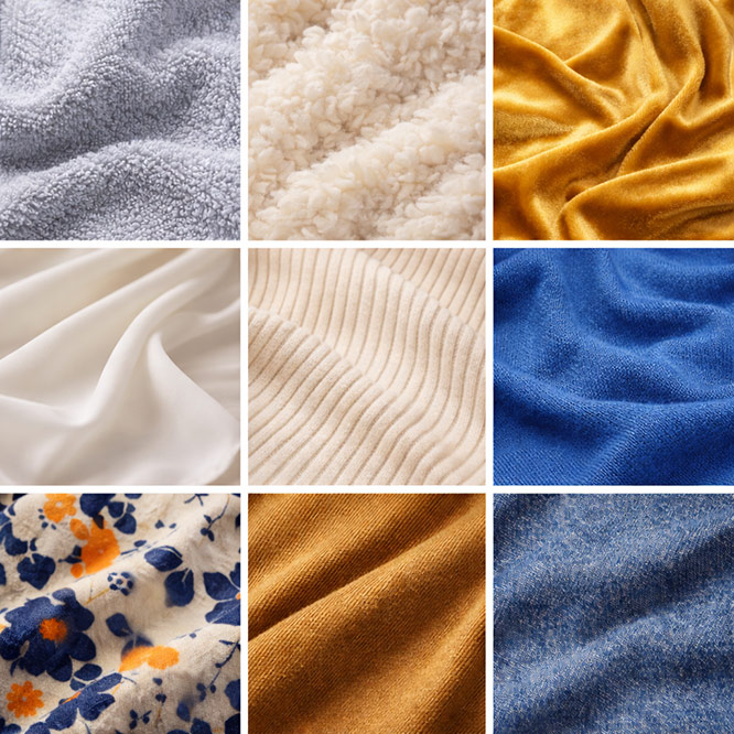 Grid of nine diverse fabric textures including terry cloth, sherpa, velvet, satin, rib knit, printed floral, and denim in neutral and rich colors