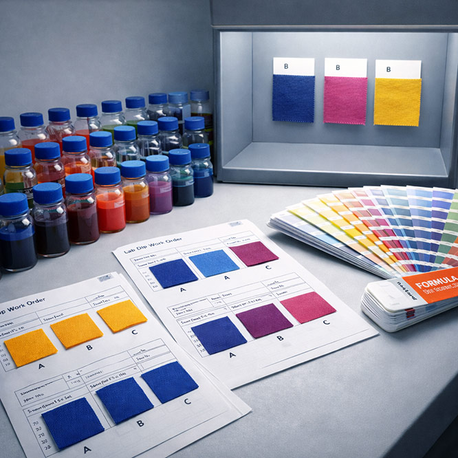 Textile lab dip work area with colorant bottles, fabric sample sheets, color swatch fan, and light booth for color matching