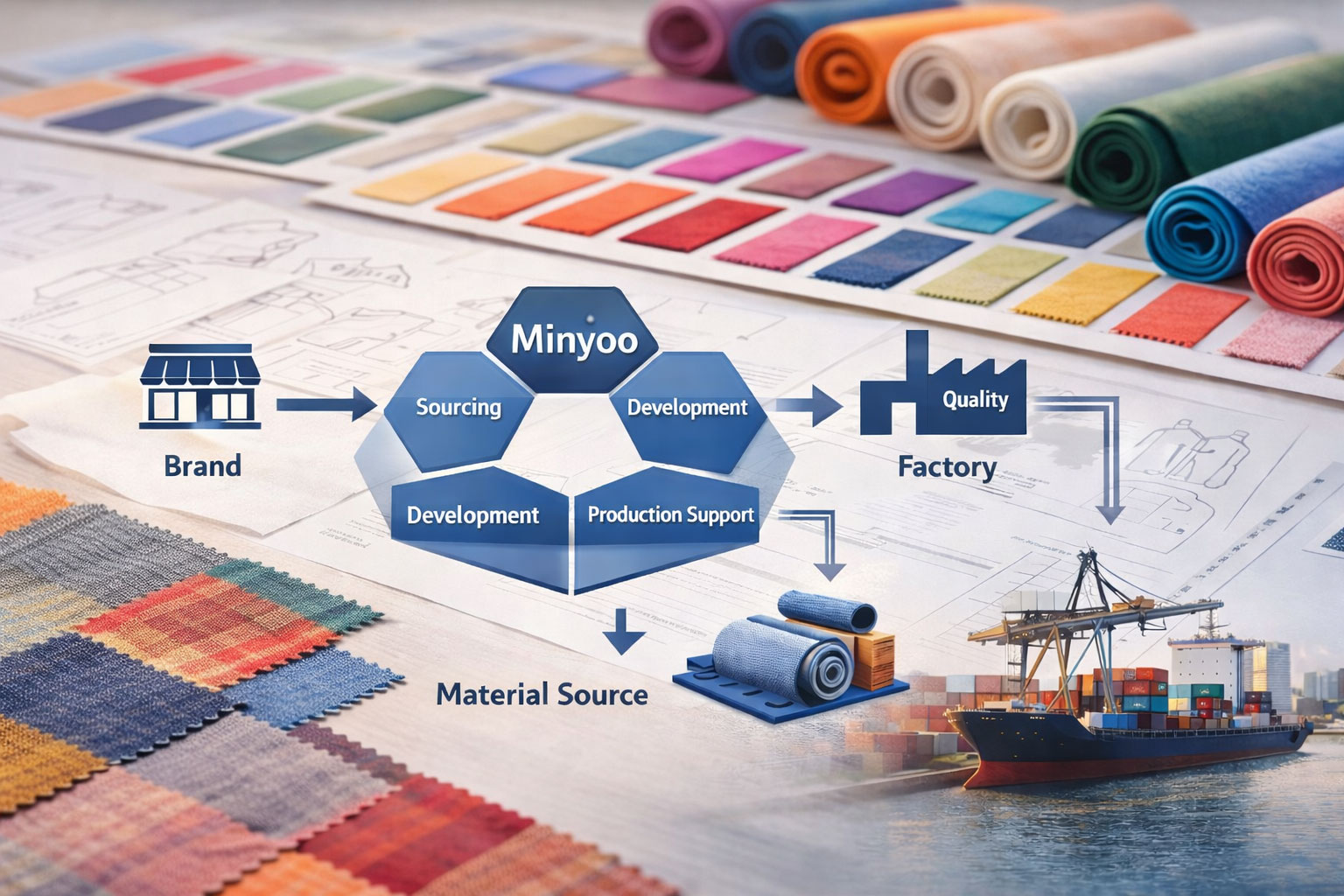 MINYOO TEXTILE practical textile sourcing and supply chain system, including sourcing, fabric development, production support, quality control and cross-border material supply for apparel manufacturing.