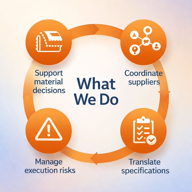 MINYOO TEX four core services in apparel supply chains: support material decisions, coordinate suppliers, translate specifications into production plans, and manage execution risks across sourcing and delivery.