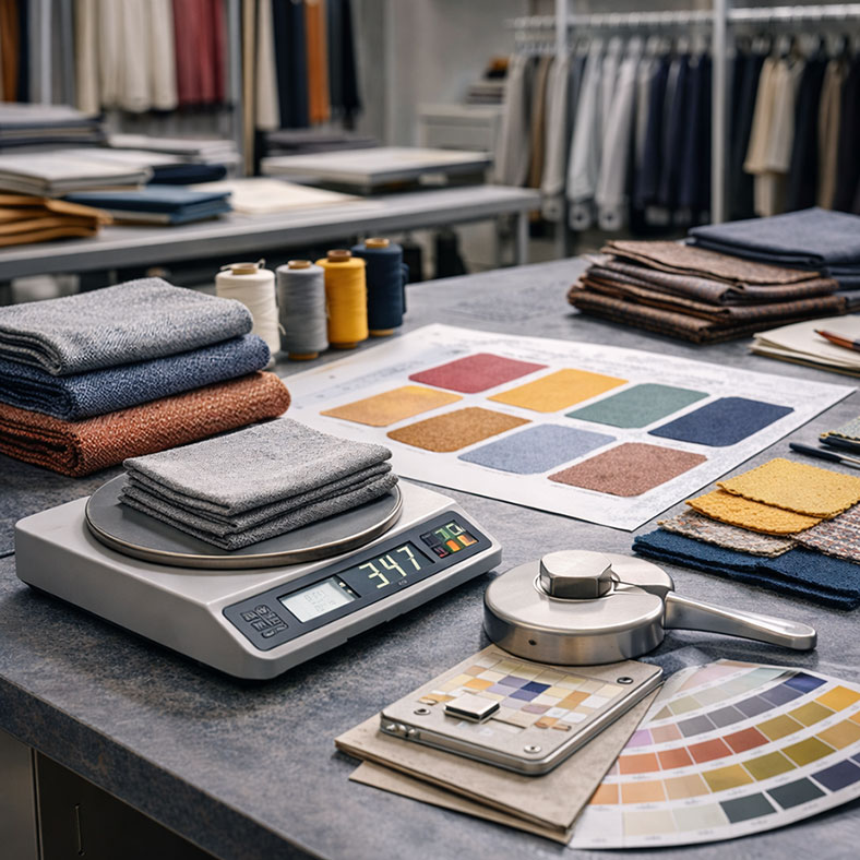 Fabric development and material engineering: sample swatches, color swatches, and lab testing for apparel production