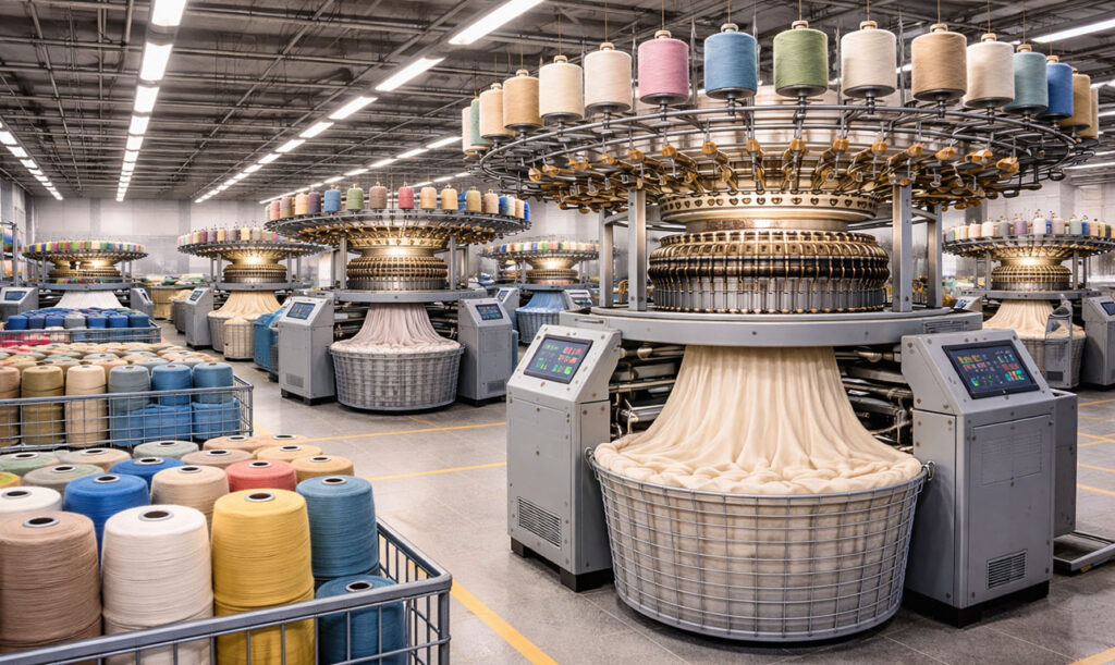 MINYOO TEXTILE fabric manufacturing workshop with circular knitting machines, showcasing fabric-focused capabilities in development, sourcing and material execution for export apparel production.