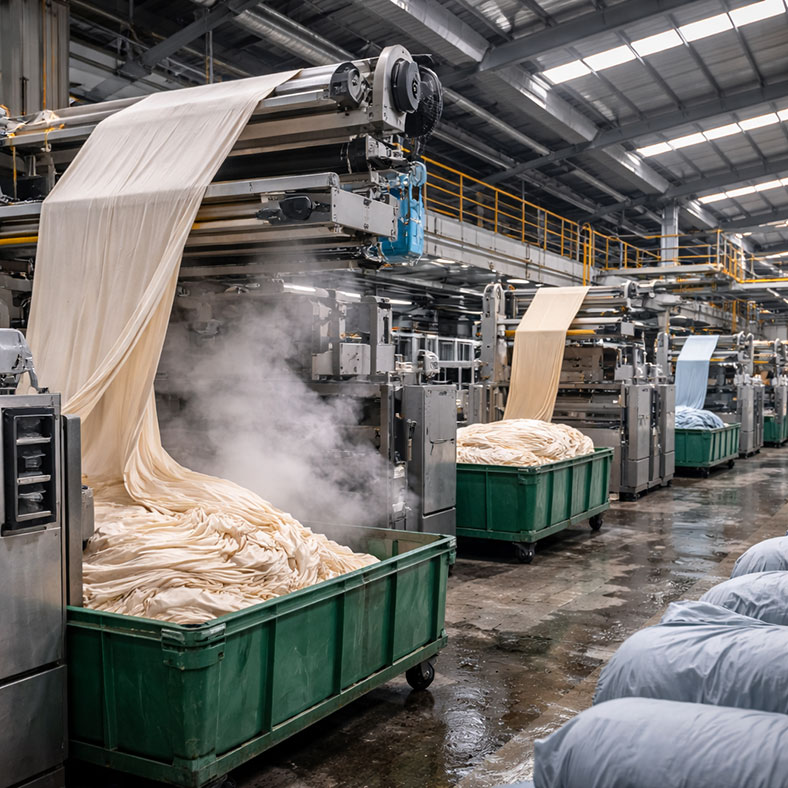 Fabric finishing process: textile factory production line for fabric washing and post-treatment operations