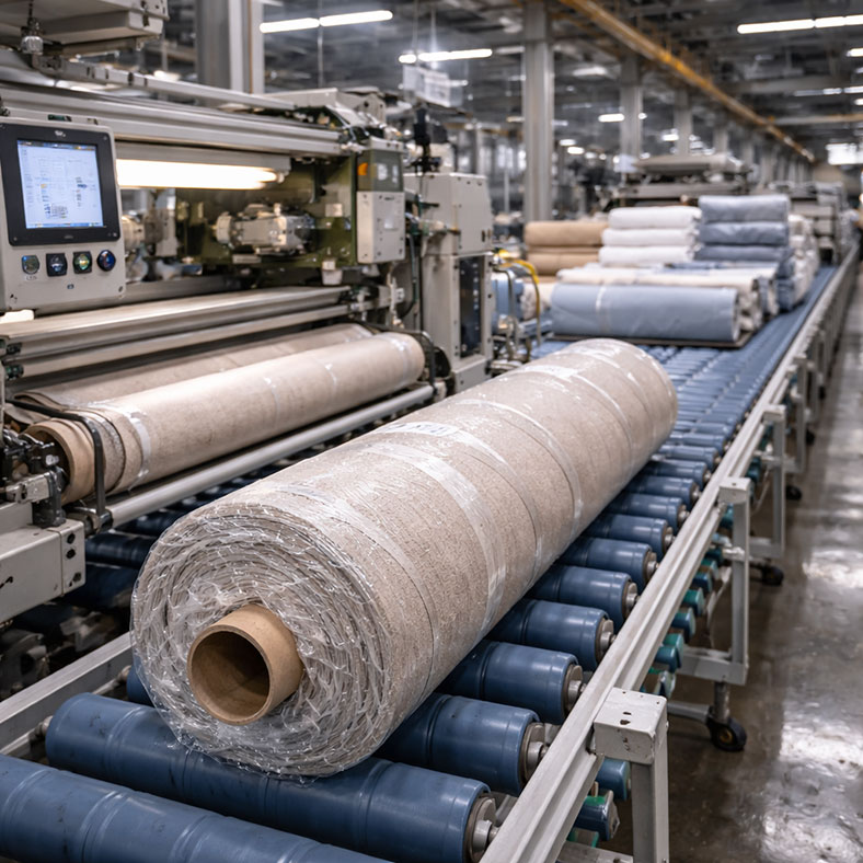 Pre-production fabric alignment: bulk fabric rolls on automated production line for quality and consistency checks