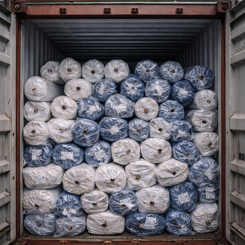 Export-oriented fabric supply: packed fabric rolls loaded into container for global apparel brand shipments