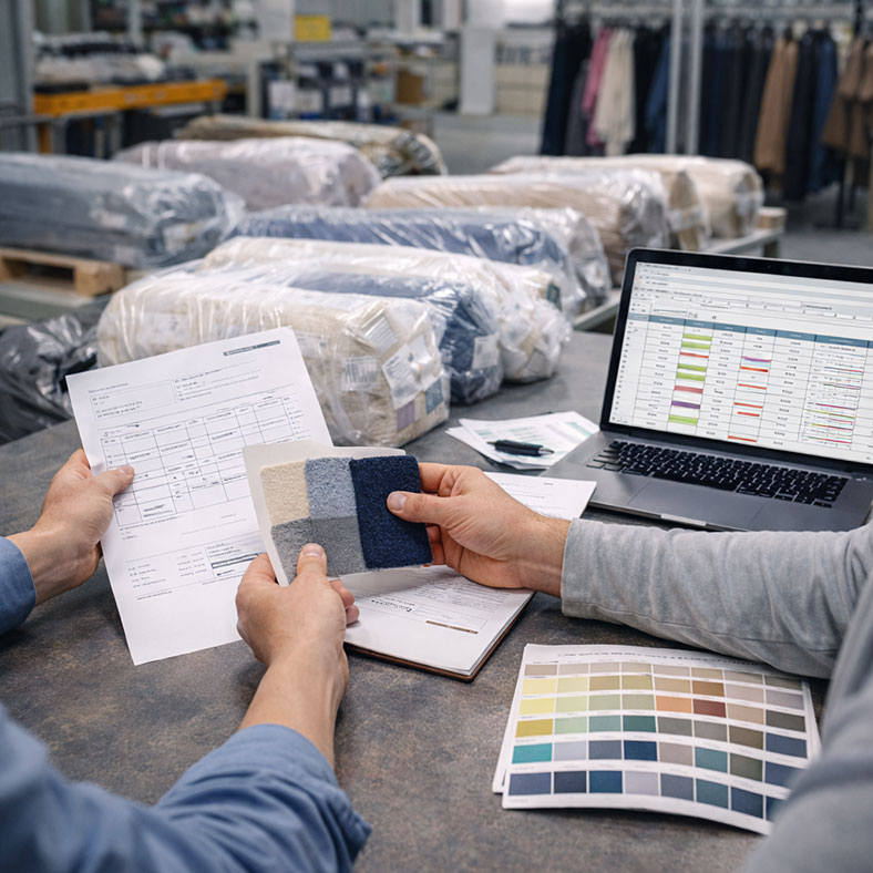 Fabric-focused operating approach: textile project coordination with sample review and production tracking