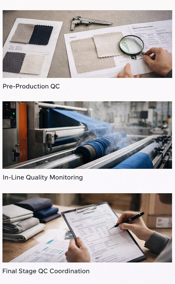 Three-stage textile quality control infographic: Pre-Production QC, In-Line Quality Monitoring, Final Stage QC Coordination, with corresponding factory and lab visuals
