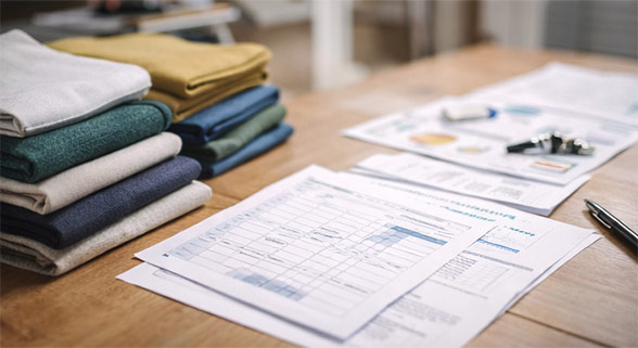 Stacked fabric rolls beside production planning documents, preparing textile samples for testing, costing and manufacturing scheduling