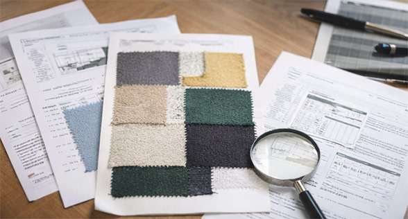 Fabric swatch board with magnifying glass and technical documents on desk, confirming textile structure, color references and usage requirements