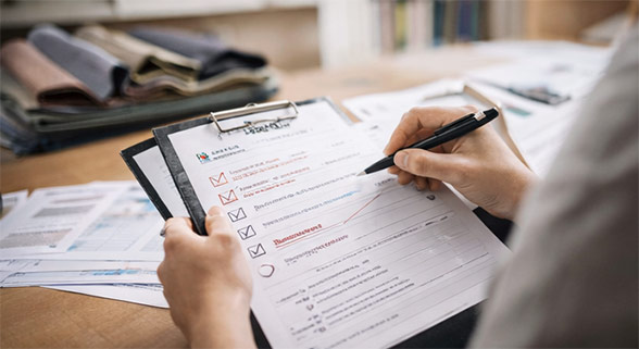 Close-up of hands marking feedback on textile specification forms, collecting input and coordinating necessary sample refinements