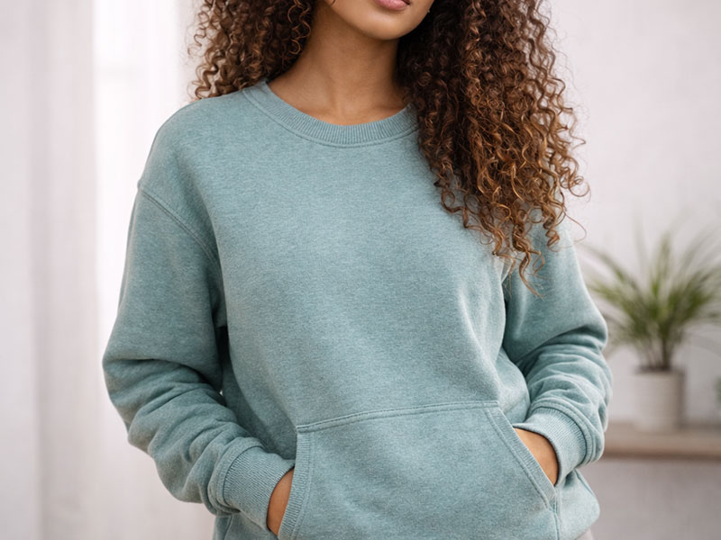 Model in mint green crewneck sweatshirt, showing soft knit fleece fabric for loungewear and casual apparel