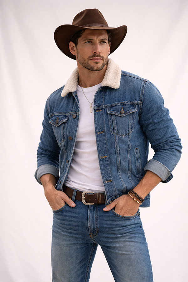 Male model in denim jacket and jeans, highlighting durable denim fabric for casual men’s apparel