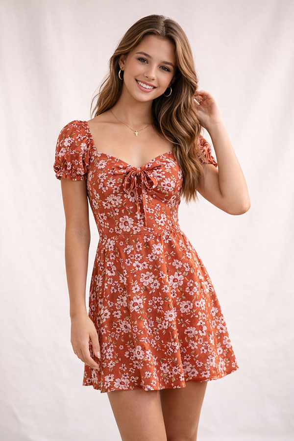 Model in red floral print mini dress, featuring lightweight printed woven fabric for summer apparel