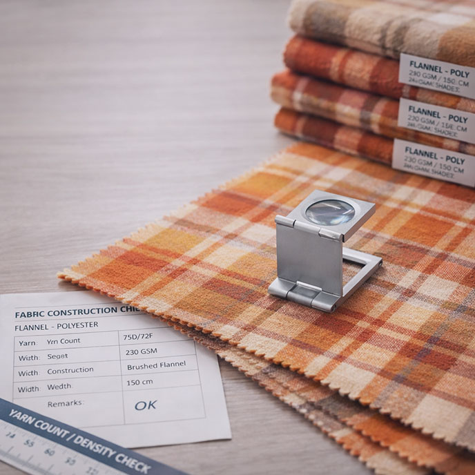 Fabric construction control: verifying yarn count, density, and GSM for textile inspection in bulk production