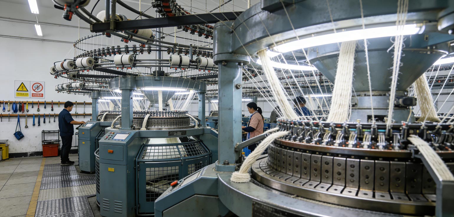 MINYOO TEXTILE fabric manufacturing coordination with circular knitting machines, showcasing fabric-focused capabilities in development, sourcing and material execution for export apparel production.