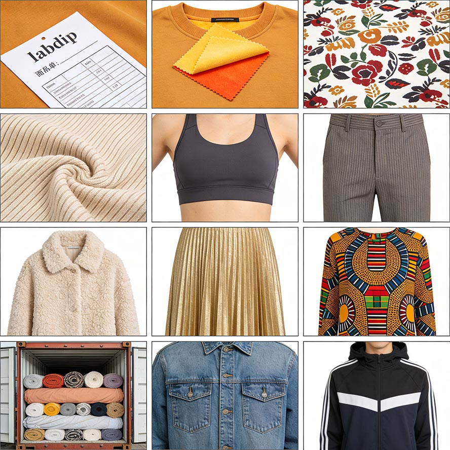 MINYOO TEXTILE support services: fabric sourcing, development, lab dip coordination, quality control, and supply chain management, alongside visuals of diverse fabrics, apparel samples, and textile logistics