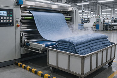 Textile finishing factory with large fabric rolls ensuring hand feel consistency