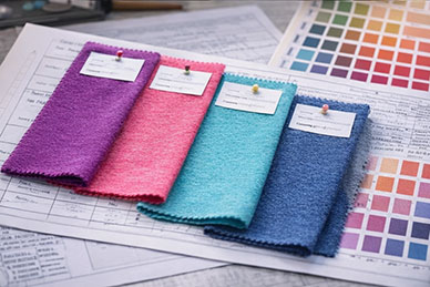 Colorful fabric swatch cards with lab dip alignment for dye consistency