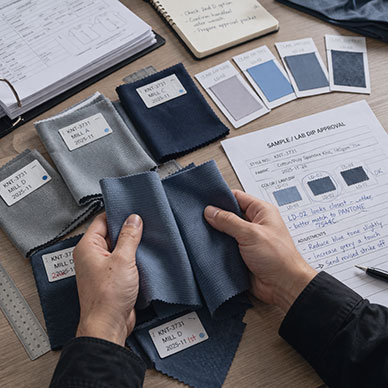 Textile expert selecting premium fabric options based on production needs