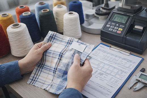 Inspector checking yarn count and density, fabric development for apparel production
