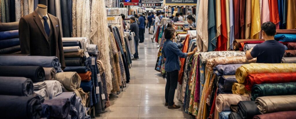 MINYOO TEXTILE fabric showroom with diverse fabric rolls and apparel samples, showcasing end-to-end services from R&D, sampling, production to global shipment.