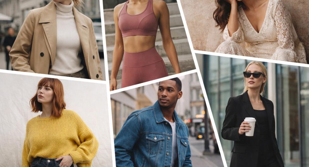 Global fabric solutions collage: diverse apparel models showcasing versatile fabric applications for leading fashion brands, including activewear, formal wear, and casual styles