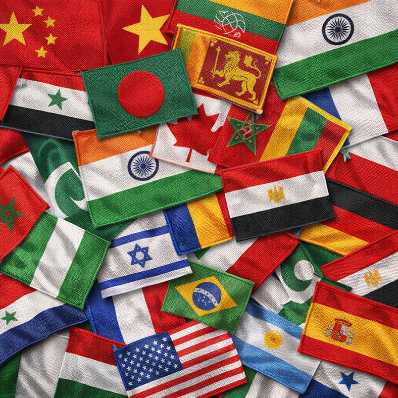 MINYOO TEXTILE global market coverage: collection of international national flags, supplying fabrics to North America, Europe, Australia, Southeast Asia and East Asia with export compliance.