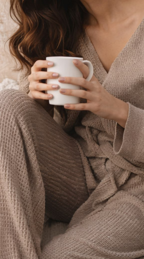 Woman in cozy waffle-knit loungewear, MINYOO TEXTILE soft knit fabrics for comfortwear.