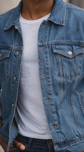 Blue denim jacket over white t-shirt, MINYOO TEXTILE knit-based stretch fabrics for jeanswear.