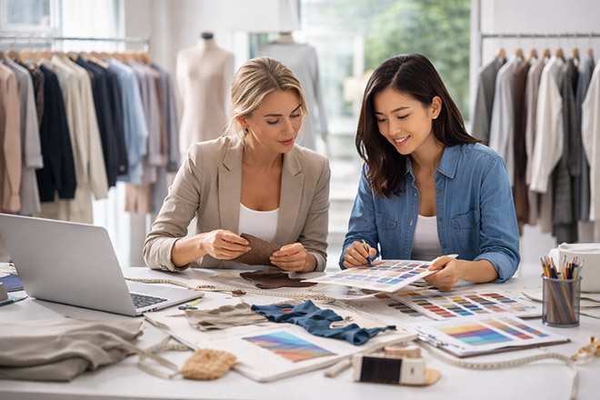 Fashion designers selecting fabric swatches for apparel brands, MINYOO TEXTILE premium fabric supplier.