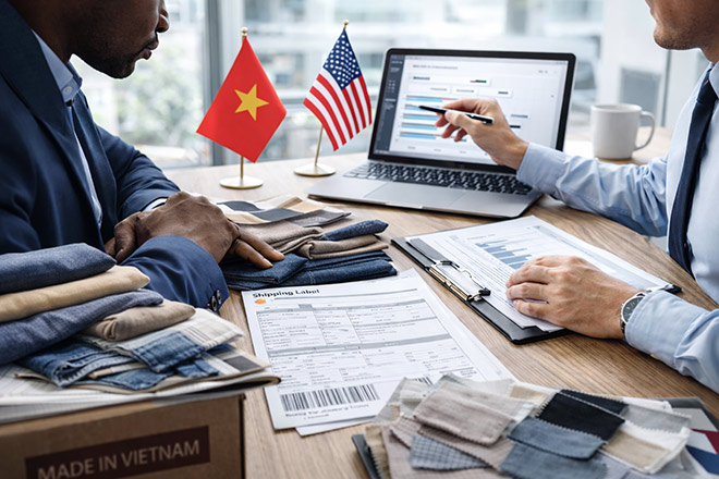 Global sourcing teams discussing fabric samples and logistics, MINYOO TEXTILE support for international buying offices.