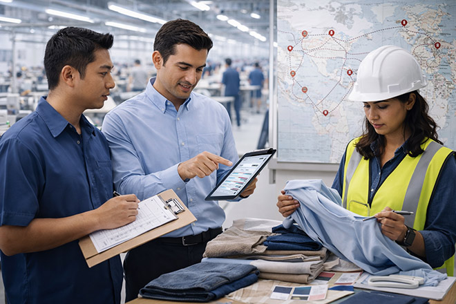 Garment factory team inspecting fabric samples, MINYOO TEXTILE reliable fabric partner for apparel manufacturing.