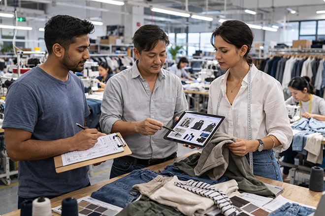 Garment manufacturers collaborating with fabric supplier for garment manufacturers on production-ready textile sourcing